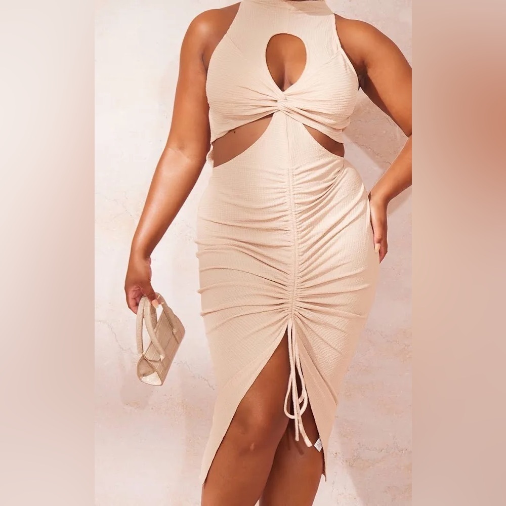 Plt Stone Cut Out Knot Detail Ruched Front Midi Dress